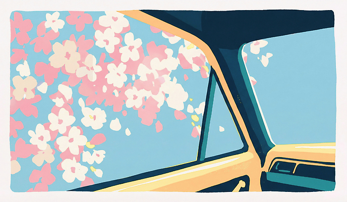 JPG 꽃 감정 컬러 일러스트 봄꽃 창문 자동차 자연 날씨 풍경 일상 봄 드라이브 벚꽃 자동차여행 순간 풍경화 흩날리기 국내일러스트 AI일러스트 AI콘텐츠 식물 계절 육상교통 여행 모션 라이프 운전 그림 생태계 파일형식