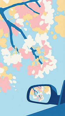JPG 나무 응시 꽃잎 꽃 분홍색 컬러 일러스트 자동차 자연 하늘 풍경 파란색 반사 봄 드라이브 벚꽃 흰색 나뭇가지 자동차여행 뷰티풀 사이드미러 국내일러스트 AI일러스트 AI콘텐츠 식물 시선 계절 육상교통 여행 운전 생태계 파일형식
