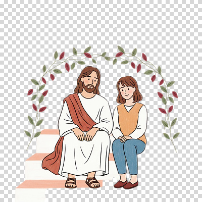 편집이미지 캐릭터 여자 남자 종교 상징 잎 대화 앉기 여러명 장식 계단 믿음 만남 예수 PNG 나란히 식물 감정 다수 컨셉 모션 말하기 사람 신 파일형식