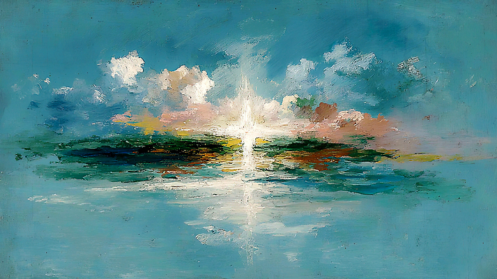 JPG 기독교 바다 컬러 섬 십자가 일러스트 자연 하늘 풍경 물 파란색 태양 반사 일출 스크린 수면 꽃집 수평선 차분 국내일러스트 AI일러스트 AI콘텐츠 자연요소 종교 컨셉 노을 상점 생태계 파일형식