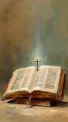 JPG 기독교 종교 상징 십자가 일러스트 조명 책 믿음 성경 기도 오픈 저녁 성전 예배 복음 국내일러스트 AI일러스트 AI콘텐츠 감정 종교용품 야간 파일형식