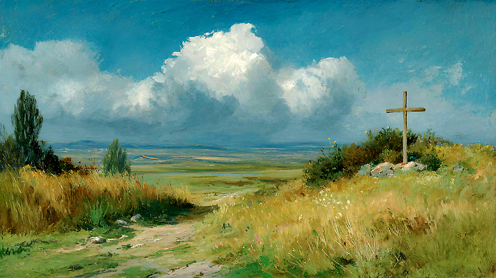 자연요소 식물 계절 종교 자연 날씨 야외활동 생태계 파일형식 AI콘텐츠 십자가 언덕 초원 나무 하늘 풍경 길 여름 땅 평야 바람 생명 소풍 조용 국내일러스트 JPG 일러스트 기독교 AI일러스트