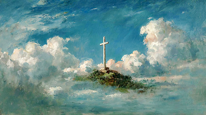 JPG 기독교 종교 십자가 일러스트 자연 하늘 풍경 빛 고요 기도 역사 저녁 명상 조경 신성 신화 전경 국내일러스트 AI일러스트 AI콘텐츠 야간 생태계 파일형식 탑뷰