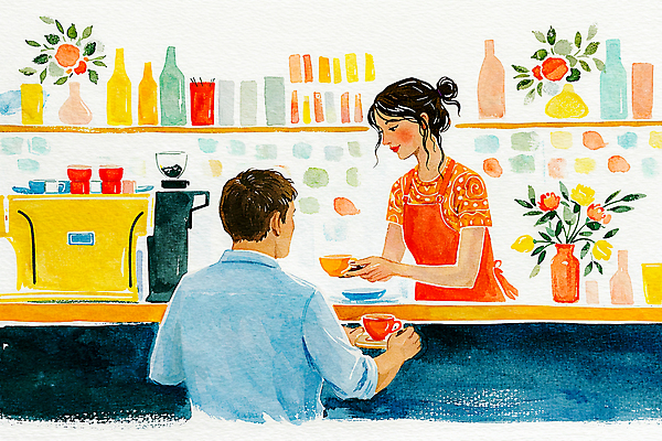 JPG 직업 여자 남자 커피 음료 일러스트 아침 표정 대화 미소 일상 카페 대기 편안함 커피잔 계산대 고객 서비스 바리스타 오후 공급 국내일러스트 AI일러스트 AI콘텐츠 주간 잔 말하기 사람 라이프 상점 감각 파일형식