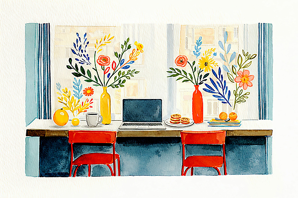 JPG 디자인 꽃 음료 음식 백그라운드 의자 과일 일러스트 탁자 아침 집안 장식 노트북 사무실 햇빛 주방 꽃병 카페 방 작업 색감 혼자 국내일러스트 AI일러스트 AI콘텐츠 주간 식물 가구 비즈니스 실내 전자제품 태양 상점 파일형식