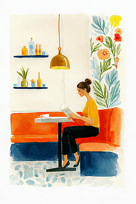 JPG 식물 여자 문화 일러스트 탁자 아침 휴식 장식 책 친구 인테리어 소파 독서 공간 카페 작업 그림 사교 오후 스타일 국내일러스트 AI일러스트 AI콘텐츠 주간 디자인 가구 컨셉 의자 관계 사람 상점 파일형식