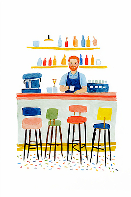 JPG 직업 남자 커피 음료 컬러 백그라운드 의자 일러스트 재료 아침 바닥 상점 카페 도구 작업 커피메이커 계산대 고객 바리스타 국내일러스트 AI일러스트 AI콘텐츠 주간 가구 사람 커피용품 파일형식