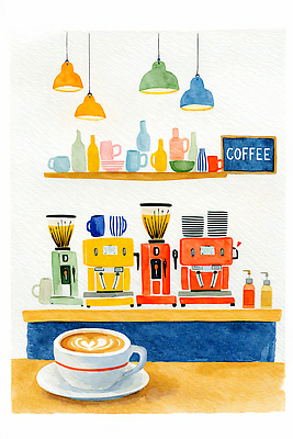 JPG 디자인 커피 음료 컬러 일러스트 조명 바닥 내부 장식 컵 상점 기계 카페 계산대 고객 준비 그림 오후 준비물 국내일러스트 AI일러스트 AI콘텐츠 식기 파일형식