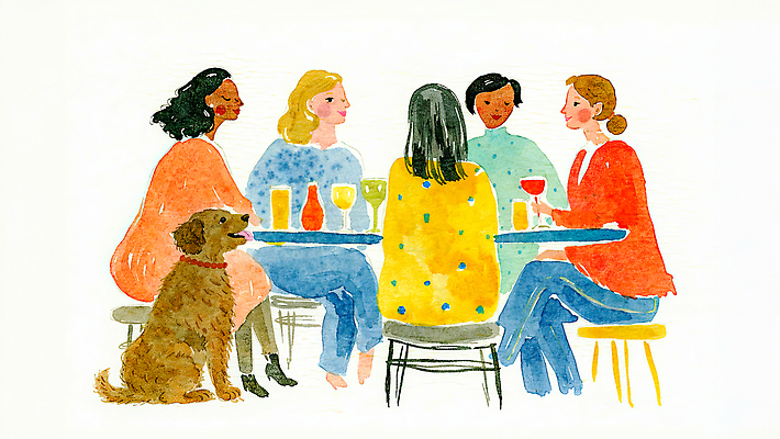 JPG 여자 음료 음식 컬러 일러스트 대화 사람 친구 식사 카페 모임 강아지 저녁 즐거움 그림 점심 소통 원형탁자 국내일러스트 AI일러스트 AI콘텐츠 감정 컨셉 관계 탁자 말하기 반려동물 상점 개 야간 파일형식