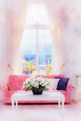 JPG 식물 꽃 화분 분홍색 컬러 가구 거실 일러스트 창문 자연 아침 산 주택 실내 풍경 장식 소파 햇빛 정원 봄 화사함 평면 국내일러스트 AI일러스트 AI콘텐츠 주간 계절 생활용품 컨셉 의자 내부 건물 태양 생태계 파일형식