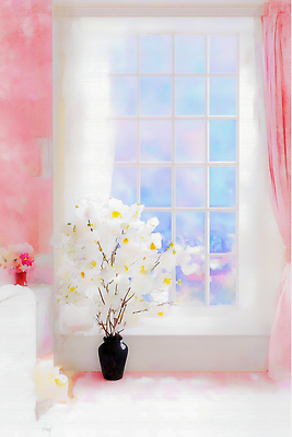 JPG 식물 디자인 꽃 화분 분홍색 일러스트 창문 자연 하늘 조명 실내 내부 장식 햇빛 봄 공간 방 창가 화사함 색감 환기 국내일러스트 AI일러스트 AI콘텐츠 계절 컬러 컨셉 태양 생태계 파일형식