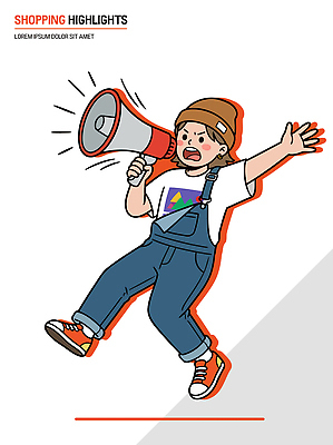 옷 어린이 캠페인 포즈 일러스트 바지 모션 거리 이벤트 쇼핑 확성기 소리 외침 에너지 흰색 알림 즐거움 그림 장면 국내일러스트 AI파일 감정 컬러 하의 사람 파일형식 벡터