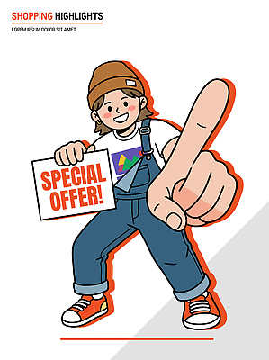 캐릭터 어린이 일러스트 손가락 모션 작업복 이벤트 쇼핑 판매 세일 가리킴 상품 알림 즐거움 상업 흥미 프로모션 국내일러스트 AI파일 손 옷 감정 컨셉 사람 손짓 파일형식 벡터