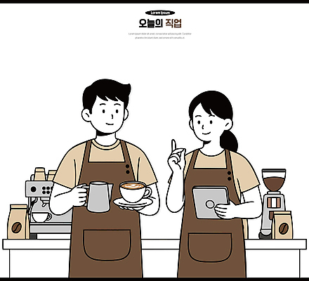 커피 음료 일러스트 대화 태블릿 카페 원두 작업 기다림 커피잔 커피메이커 계산대 고객 서비스 바리스타 공급 국내일러스트 AI파일 직업 모션 잔 말하기 전자제품 스마트기기 상점 커피용품 파일형식 벡터