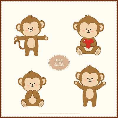 동물 캐릭터 디자인 행복 감정 포즈 일러스트 장난 모션 표정 사랑 친구 귀여움 마음 원숭이 즐거움 그림 원숭이캐릭터 흥미 일러캐릭터 AI파일 동물캐릭터 컨셉 포유류 관계 파일형식 벡터