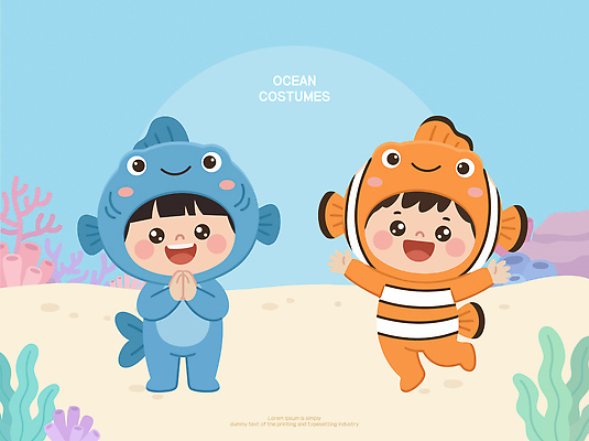 동물 캐릭터 감정 컬러 관계 표정 어류 사람 파일형식 벡터 흰동가리 어린이 옷 바다 파란색 주황색 웃음 모션 친구 즐거움 수중동물 놀이 행복 백그라운드 AI파일 일러스트 일러캐릭터 코스프레