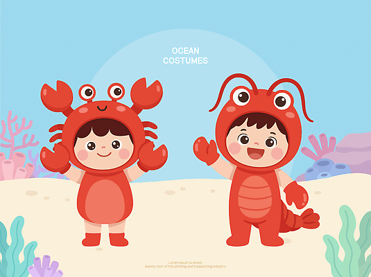 옷 어린이 바다 일러스트 물놀이 놀이 웃음 해변 친구 소풍 수중 수중동물 탐험 게 인사 가재 바닷가재 즐거움 해수욕 코스프레 일러캐릭터 AI파일 동물 캐릭터 감정 관계 휴가 표정 갑각류 사람 야외활동 예절 파일형식 벡터