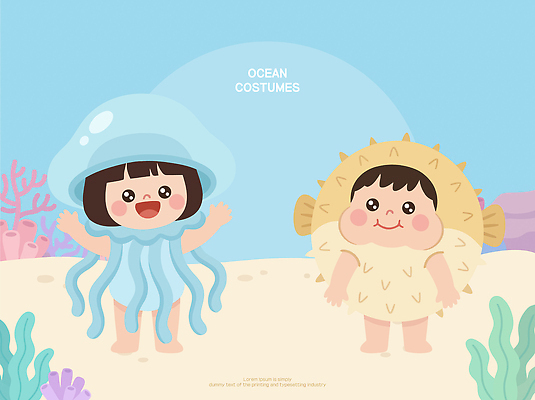 동물 캐릭터 감정 바다 관계 어류 사람 수중동물 자포동물 파일형식 벡터 옷 어린이 해파리 복어 놀이 생물 수중 산호 친구 환경 해변 즐거움 AI파일 일러스트 일러캐릭터 코스프레