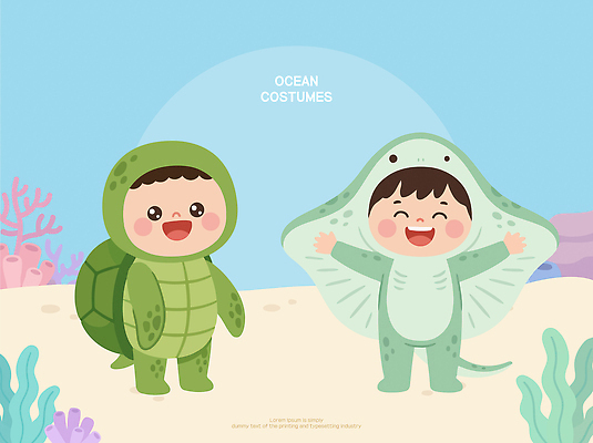 동물 캐릭터 디자인 감정 가족 관계 파충류 표정 어류 사람 수중 수중동물 파일형식 벡터 가오리 옷 바다 거북이 생물 놀이 즐거움 백그라운드 바닷속 어린이 친구 의상디자인 쌍둥이 웃음 컬러 AI파일 일러스트 일러캐릭터 코스프레