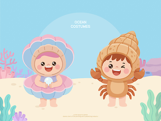 동물 캐릭터 컨셉 어패류 표정 갑각류 사람 파일형식 벡터 소라 어린이 바다 옷 조개 게 수중동물 아기 웃음 놀이 컬러 수중 귀여움 상상 AI파일 일러스트 일러캐릭터 코스프레
