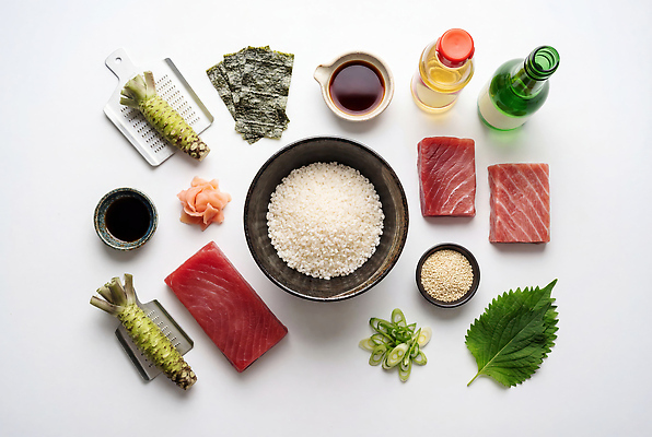 JPG 편집이미지 재료 밥 어류 요리 해초 고추냉이 간장 대파 식초 참기름 편집실사 AI포토 AI콘텐츠 마구로동 음식 수중동물 양념 해조류 기름_음식 CG 덮밥 파 일본음식 파일형식