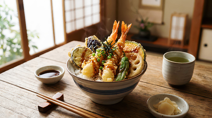 JPG 편집이미지 전통 음식 탁자 밥 반찬 새우 식당 일본 식사 해산물 덮밥 덴푸라 오후 텐동 편집실사 AI포토 AI콘텐츠 아시아 가구 갑각류 상점 CG 일본음식 파일형식