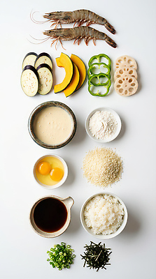 JPG 편집이미지 재료 호박 새우 요리 계란 쌀 밀가루 깨 대파 빵가루 텐동 편집실사 AI포토 AI콘텐츠 채소 식재료 곡류 갑각류 알 조미료 가루 CG 덮밥 파 일본음식 파일형식