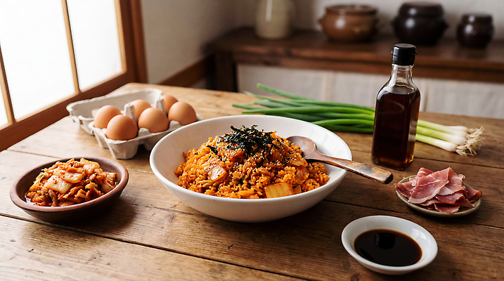 JPG 편집이미지 여자 남자 한식 음식 재료 식탁 반찬 김치 요리 계란 저녁 간장 볶음밥 대파 김치볶음밥 편집실사 AI포토 AI콘텐츠 탁자 사람 알 양념 야간 CG 파 파일형식