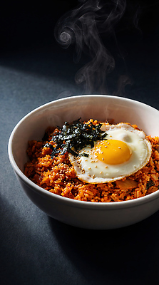 JPG 편집이미지 그릇 한식 음식 재료 탁자 요리 계란 식사 뜨거움 맛 김 볶음밥 점심 김치볶음밥 간편조리식품 편집실사 AI포토 AI콘텐츠 식기 가구 컨셉 알 해조류 CG 파일형식