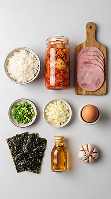 JPG 편집이미지 재료 밥 양파 김치 마늘 요리 주방 계란 식사 김 준비 햄 정리 파 김치볶음밥 편집실사 AI포토 AI콘텐츠 한식 음식 채소 육류 알 해조류 CG 볶음밥 파일형식