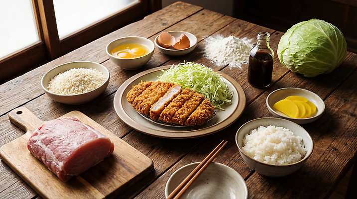 JPG 편집이미지 전통 한식 음식 재료 탁자 돼지고기 요리 계란 쌀 돈가스 양배추 간장 밀가루 빵가루 요리준비 편집실사 AI포토 AI콘텐츠 가구 채소 곡류 육류 알 양념 커틀릿 가루 CG 준비 파일형식
