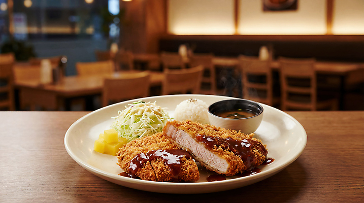 JPG 편집이미지 접시 한식 음식 탁자 조명 식당 식사 샐러드 돈가스 저녁 외식 흰밥 편집실사 AI포토 AI콘텐츠 식기 가구 밥 상점 커틀릿 야간 CG 파일형식