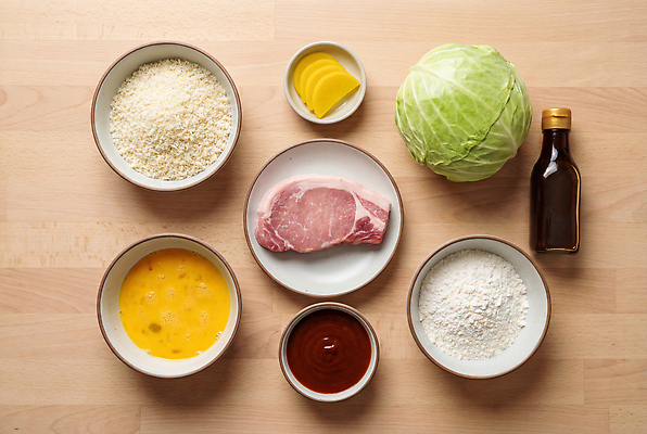 JPG 편집이미지 음식 채소 재료 육류 요리 주방 계란 신선 돈가스 준비 양배추 밀가루 빵가루 편집실사 AI포토 AI콘텐츠 식재료 알 커틀릿 가루 CG 파일형식