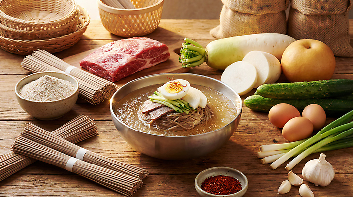 JPG 편집이미지 재료 탁자 오이 요리 주방 계란 면류 배 고명 양념 무 냉면 물냉면 대파 수육 편집실사 AI포토 AI콘텐츠 한식 음식 가구 채소 과일 여름음식 뿌리채소 알 CG 파 파일형식