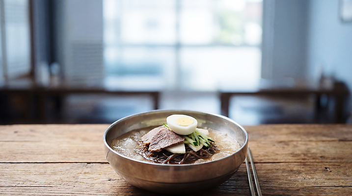 JPG 편집이미지 그릇 한식 음식 탁자 오이 육류 요리 금속 식당 계란 식사 면류 저녁 냉면 점심 물냉면 편집실사 AI포토 AI콘텐츠 식기 가구 채소 식재료 재질 여름음식 상점 알 야간 CG 파일형식