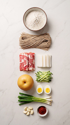 JPG 편집이미지 음식 재료 오이 한국 마늘 육류 요리 계란 배 무 국수 밀가루 물냉면 대파 고춧가루 메밀면 편집실사 AI포토 AI콘텐츠 아시아 채소 과일 식재료 뿌리채소 알 면류 가루 CG 냉면 파 파일형식