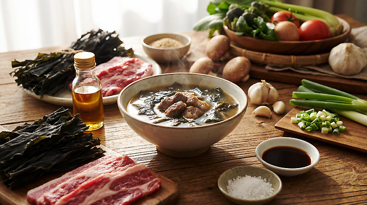 JPG 편집이미지 한식 음식 채소 재료 탁자 양파 마늘 육류 요리 버섯 해조류 간장 소금 파 미역국 편집실사 AI포토 AI콘텐츠 가구 식재료 양념 해양식물 CG 국 파일형식