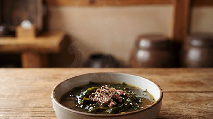 JPG 편집이미지 전통 한식 음식 재료 탁자 한국 따뜻함 요리 주방 식사 소고기 국물 미역국 편집실사 AI포토 AI콘텐츠 아시아 가구 육류 CG 국 파일형식