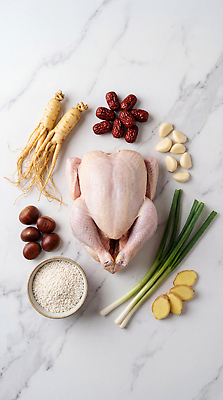 JPG 편집이미지 음식 재료 건강 마늘 요리 식사 닭고기 쌀 인삼 밤 대추 삼계탕 생강 대파 편집실사 AI포토 AI콘텐츠 채소 곡류 육류 견과류 삼 CG 보양식 파 파일형식