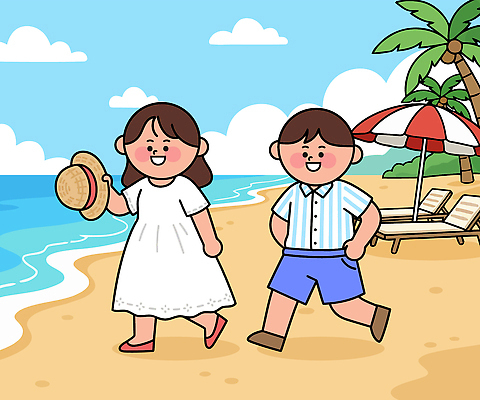 계절 감정 바다 관계 모션 휴가 표정 사람 야외활동 파일형식 벡터 해변 걷기 웃음 여름 파라솔 모래 풍경 즐거움 소풍 어린이 동심 휴일 친구 국내일러스트 AI파일 일러스트 바캉스