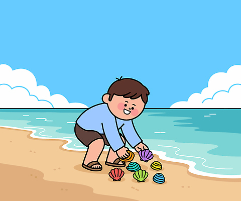 어린이 바다 컬러 일러스트 자연 조개 웃음 해변 여름 바캉스 모래사장 소풍 탐험 수집 즐거움 해탈 국내일러스트 AI파일 계절 감정 컨셉 휴가 어패류 표정 사람 야외활동 생태계 파일형식 벡터