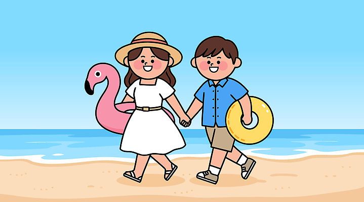 옷 계절 감정 바다 상의 관계 모션 놀이 조류 휴가 라이프 태양 야외활동 파일형식 벡터 해변 커플 걷기 플라밍고 튜브 드레스 셔츠 햇빛 여름 즐거움 일상 소풍 운동복 물놀이 국내일러스트 AI파일 일러스트 바캉스