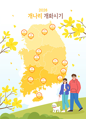 식물 여자 남자 꽃 지도 일러스트 모션 자연 날씨 한국 사람 봄 산책 정보 개화 강아지 개나리 지역 2026년 국내일러스트 AI파일 계절 아시아 휴식 반려동물 개 연도 생태계 파일형식 벡터