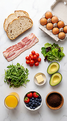 JPG 편집이미지 커피 토마토 과일 재료 딸기 아침 주방 계란 식사 주스 샐러드 식빵 블루베리 브런치 베이컨 아보카도 편집실사 AI포토 AI콘텐츠 주간 음료 음식 빵 채소 돼지고기 알 CG 파일형식