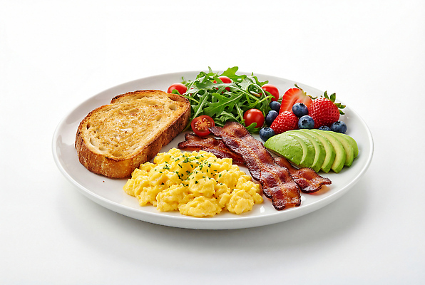 JPG 편집이미지 접시 음식 채소 과일 아침 식사 신선 아침식사 블루베리 브런치 토스트 베이컨 식단 건강식 스크램블 편집실사 AI포토 AI콘텐츠 주간 식기 빵 돼지고기 계란요리 CG 파일형식