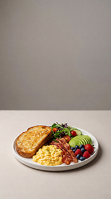 JPG 편집이미지 접시 음식 과일 식재료 탁자 아침 요리 식사 샐러드 아침식사 브런치 토스트 베이컨 건강식 스크램블 편집실사 AI포토 AI콘텐츠 주간 식기 빵 가구 돼지고기 계란요리 CG 파일형식