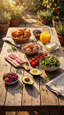 JPG 편집이미지 음식 빵 토마토 채소 과일 탁자 딸기 아침 정원 계란 식사 크루아상 블루베리 브런치 베이컨 편집실사 AI포토 AI콘텐츠 주간 가구 돼지고기 알 CG 파일형식