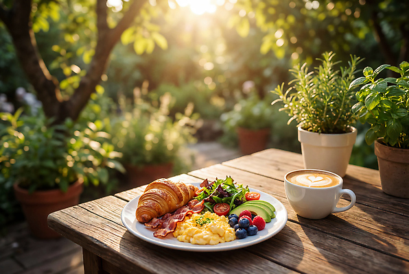 JPG 편집이미지 커피 음식 채소 과일 탁자 아침 햇빛 정원 식사 샐러드 차가움 크루아상 브런치 베리 스크램블 편집실사 AI포토 AI콘텐츠 주간 음료 빵 가구 태양 계란요리 CG 파일형식