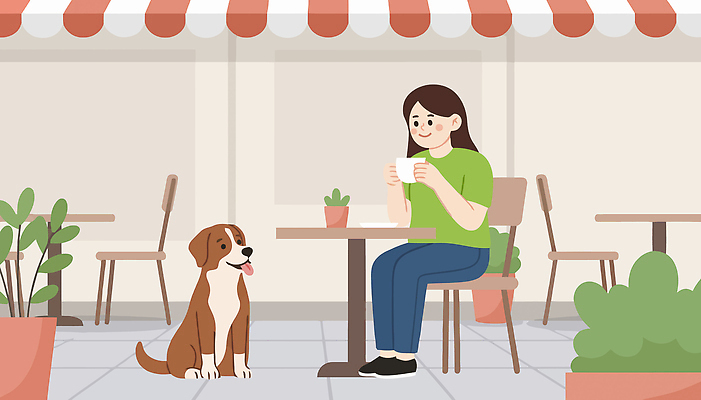 식물 여자 행복 반려견 음료 일러스트 휴식 사람 앉기 친구 반려동물 식사 카페 만남 마시기 도시 개 카페테라스 국내일러스트 AI파일 동물 감정 컨셉 포유류 관계 모션 상점 파일형식 벡터