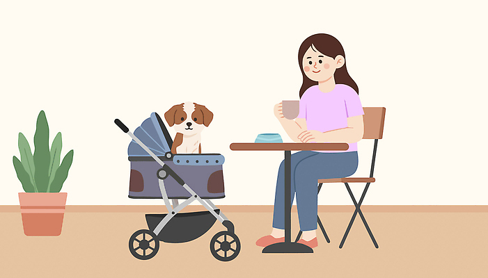 동물 음료 가구 컨셉 관계 모션 반려동물 상점 아기용품 감각 개 먹이 파일형식 벡터 강아지 유모차 커피 카페 사람 시간 편안함 앉기 개사료 식물 탁자 의자 친구 함께함 생활 AI파일 일러스트 국내일러스트 반려견